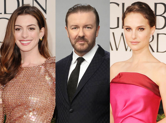 Ricky Gervais, Anne Hathaway, Natalie Portman Ricky Gervais, Anne Hathaway, Natalie Portman